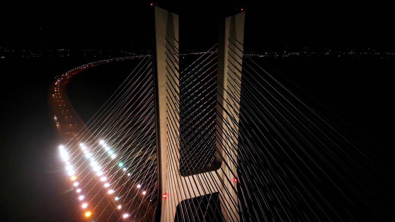 Aerial view of the Rędziński Bridge at night. Wroclaw, Poland.