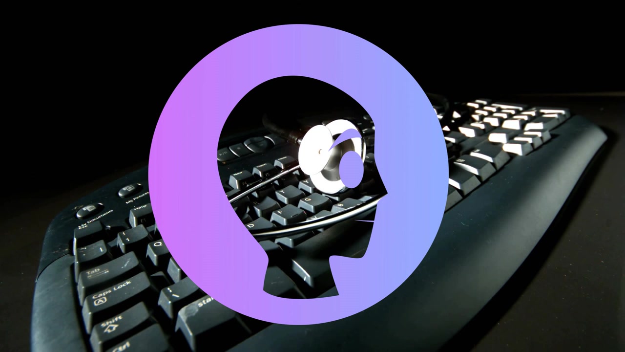 Logo fading and revealing stethoscope rotating, brightening, settling on keyboard for brand reveal