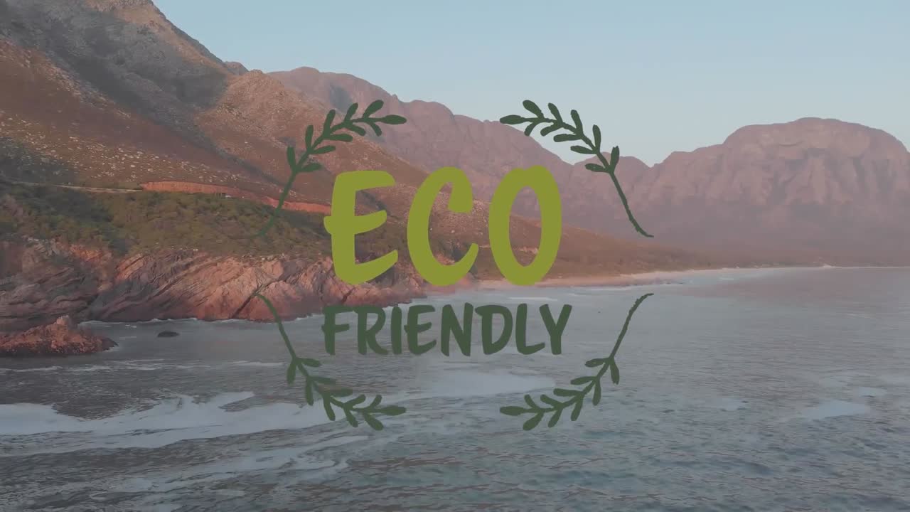 Animation of eco friendly text over ocean's rocky coast