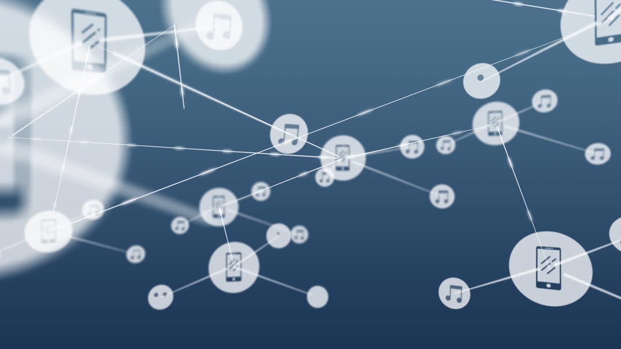 animación de la red de conexiones con iconos sobre fondo azul