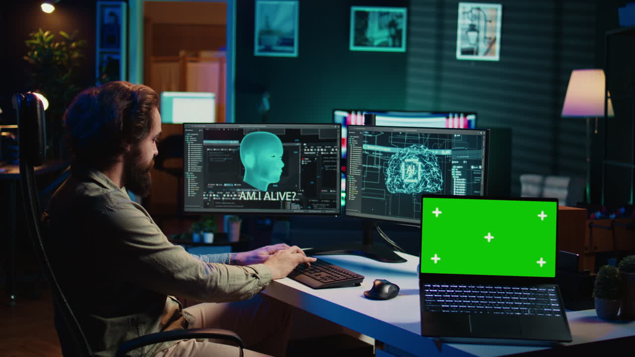 ai se está volviendo consciente, hablando con un científico de computación, una computadora portátil de pantalla verde