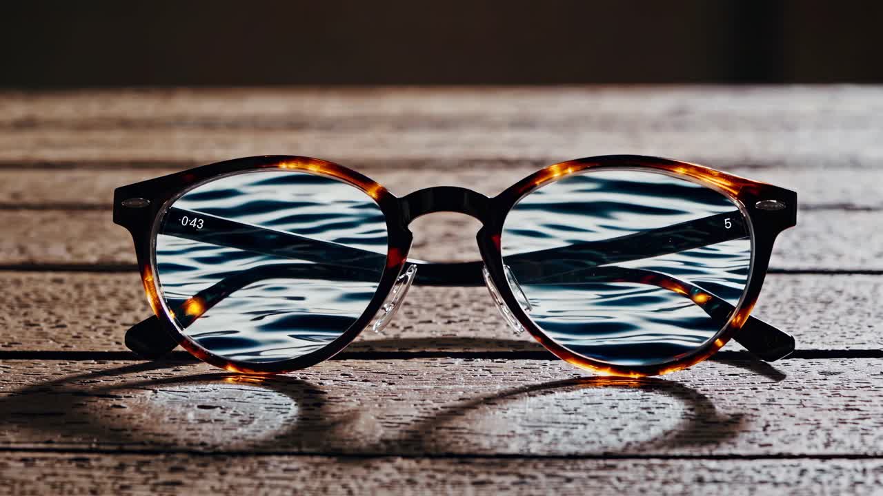 gafas de sol que reflejan el agua en una mesa de madera
