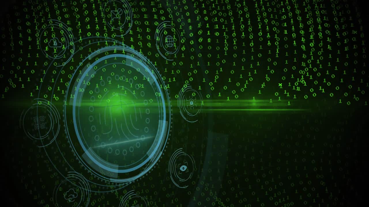 Animation of data processing and fingerprint over black background