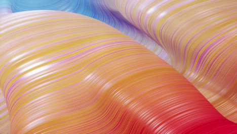 beautiful abstract background of waves on surface, red yellow color gradients, extruded lines as striped fabric surface with folds or waves on liquid. 4k loop. 26