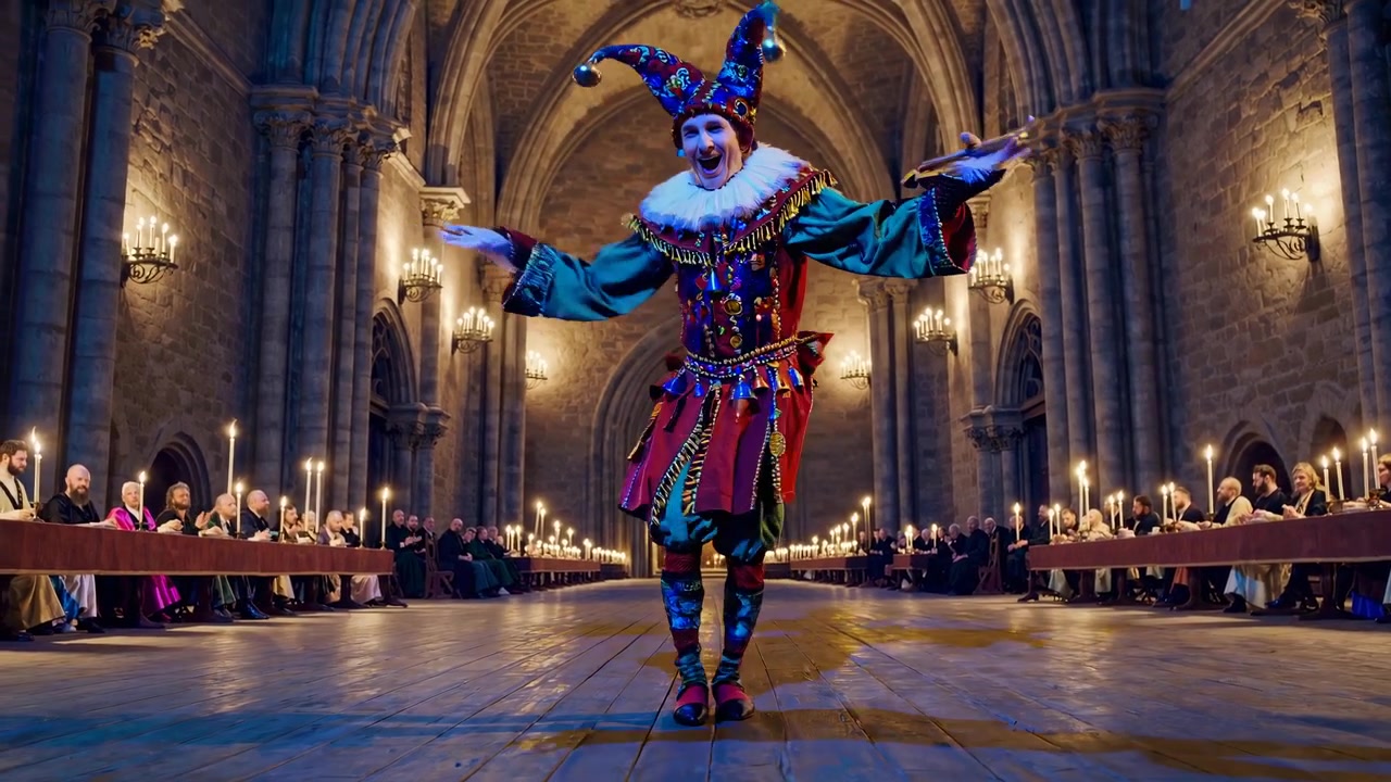 Bufón colorido bailando y entreteniendo en un gran salón medieval