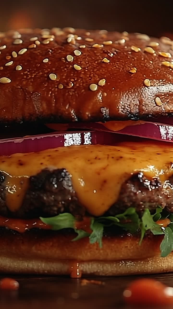 Cheesy juicy burger with toppings. A scrumptious burger features a beef patty topped with cheese, onions, and sauce, against a fiery background.