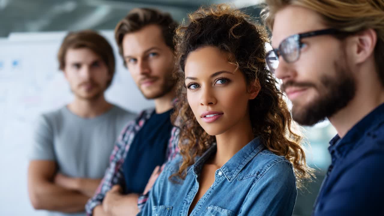 Um grupo de quatro pessoas diversas está reunido com uma postura confiante, demonstrando trabalho em equipe e colaboração em um espaço de trabalho moderno, personificando a criatividade e a inovação em seu ambiente.