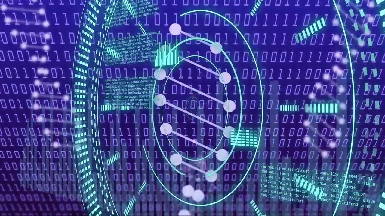 Playback starting, central HUD pulsing, nodes spiraling into helix, binary code scrolling for data