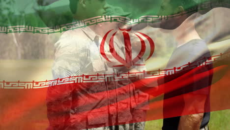 animation of flag of iran over diverse male soldiers