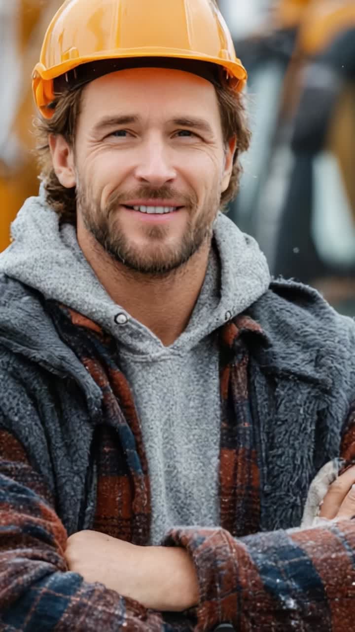 Confident Construction Worker Smiling with Orange Hard Hat and Warm Outfit, Ready for a Day at the Job Site, Radiating Positivity and Professionalism