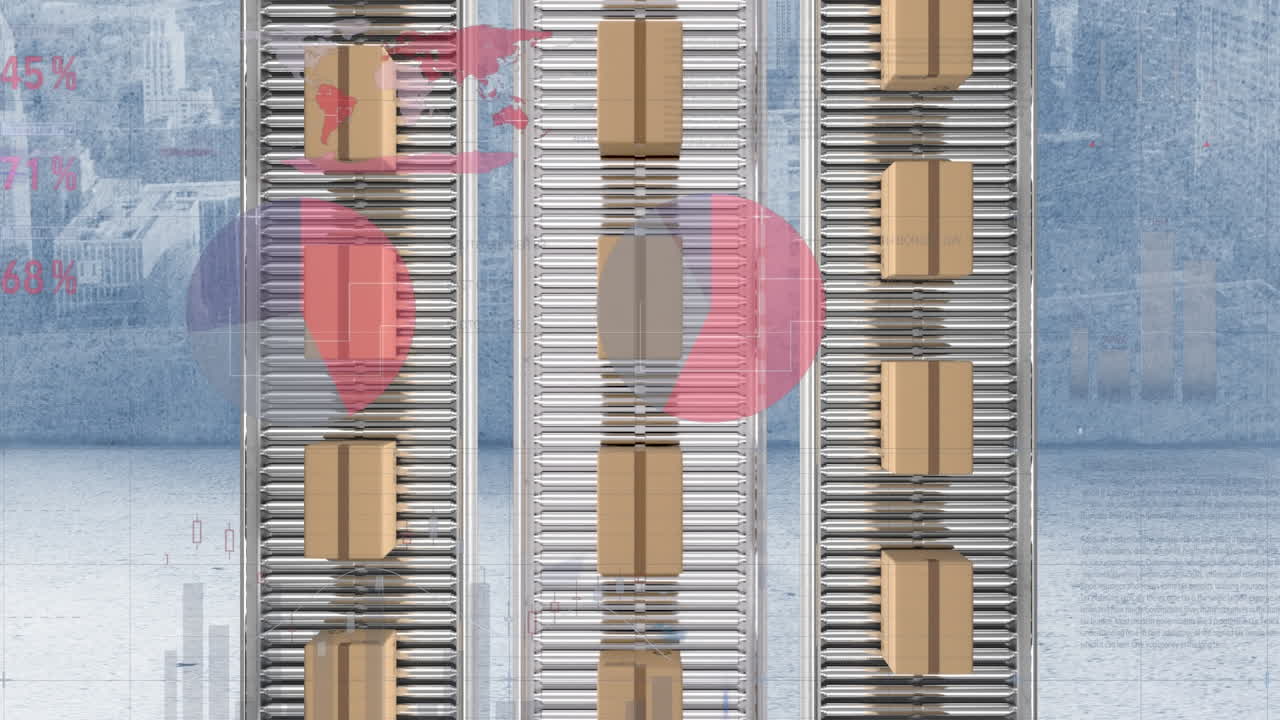 컨베이어 벨트 위에서 움직이는 배달 상자의 오버헤드 뷰에 대한 통계 데이터 처리