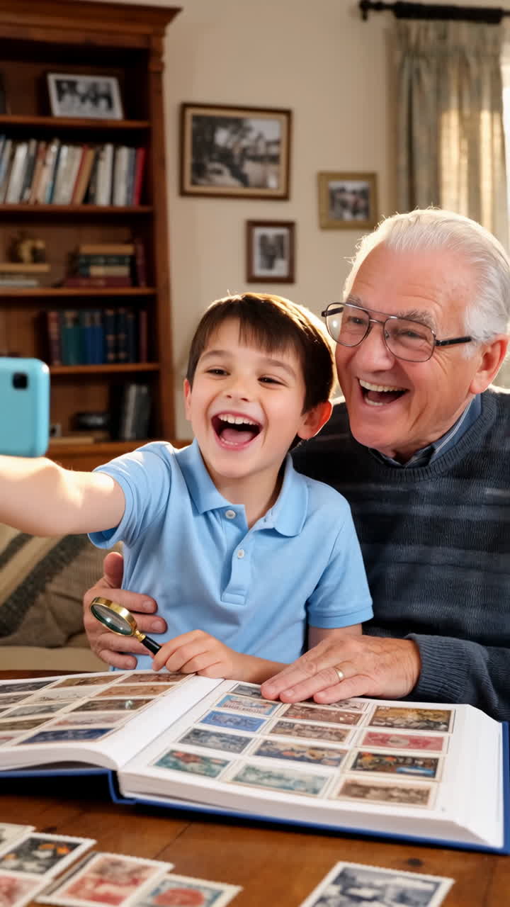 Nonno e nipote che legano grazie alla filatelia mentre si scattano un selfie gioioso