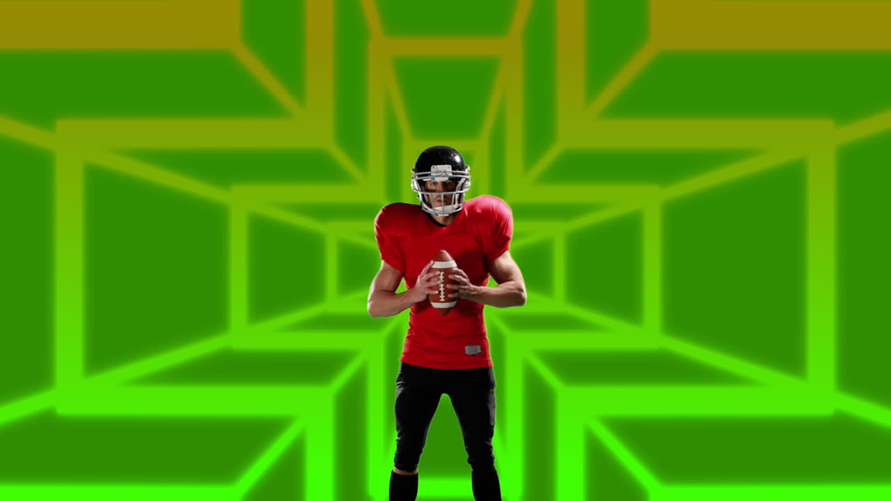 Animazione di un giocatore di football americano caucasico con il pallone su forme.