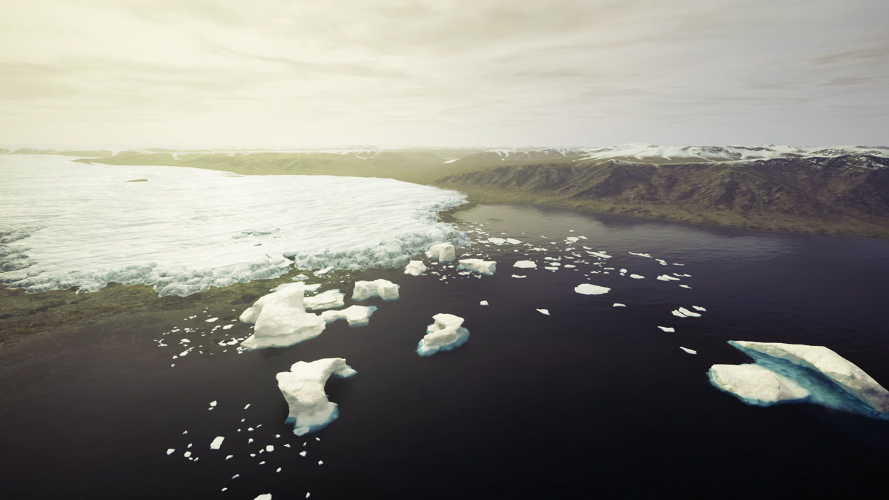 Bright sunlight bathes antarctic ice masses as they move towards coastlines
