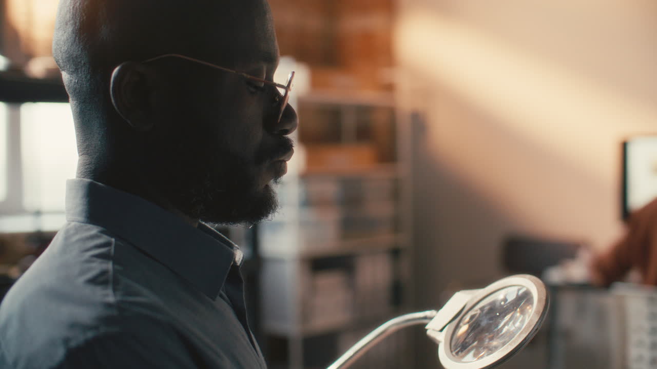 검은색 고고학자, 장갑을 입고 실험실에서 두개골을 고 있다.