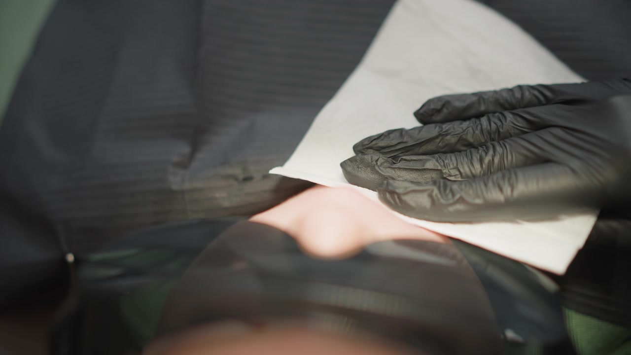 Close up of person receiving dental care with their mouth open showing hands in black gloves performing orthodontic procedure. Dental dam is visible around patient face while gloved hand