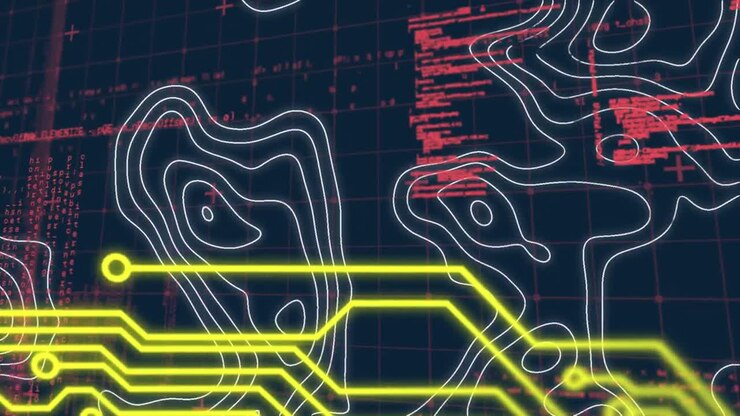 Animation of data processing and networks of connections over grind