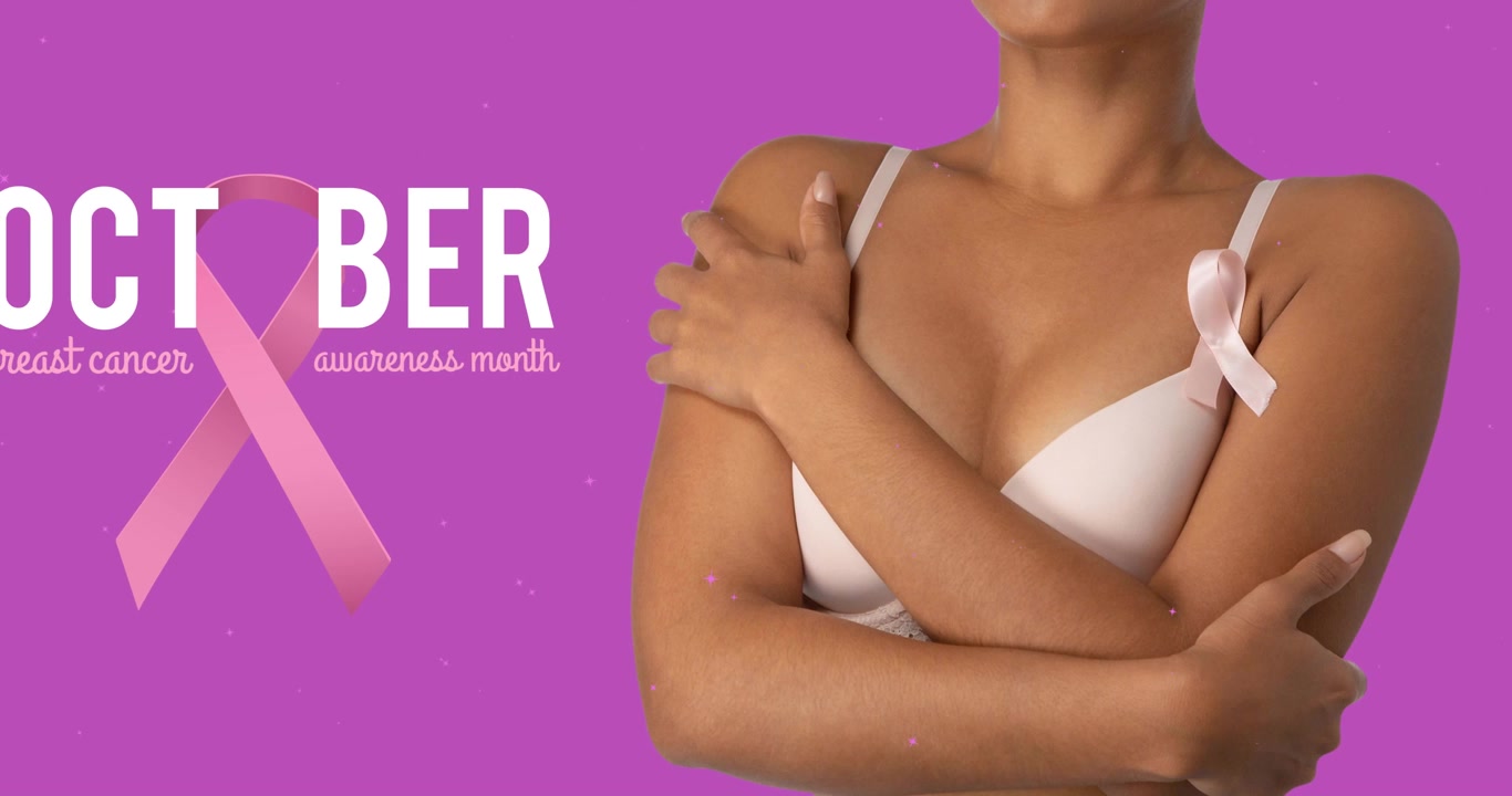 Animazione di testo sulla sensibilizzazione al cancro con una donna in biancheria intima rosa