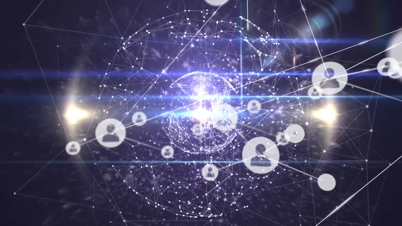 빛나는 반점이 있는 전 세계에 있는 사람들과의 연결 네트워크의 애니메이션 아이콘