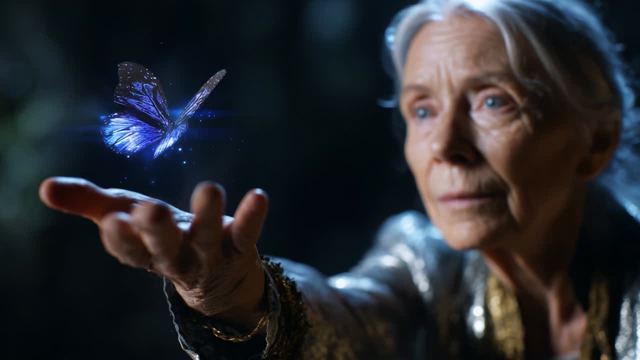 An Enchanting Moment: An Elderly Woman Touches a Mesmerizing Blue Butterfly as It Hovers in Front of Her Outstretched Hand, Capturing the Essence of Mystique and Nature's Beauty in a Dreamlike Setting