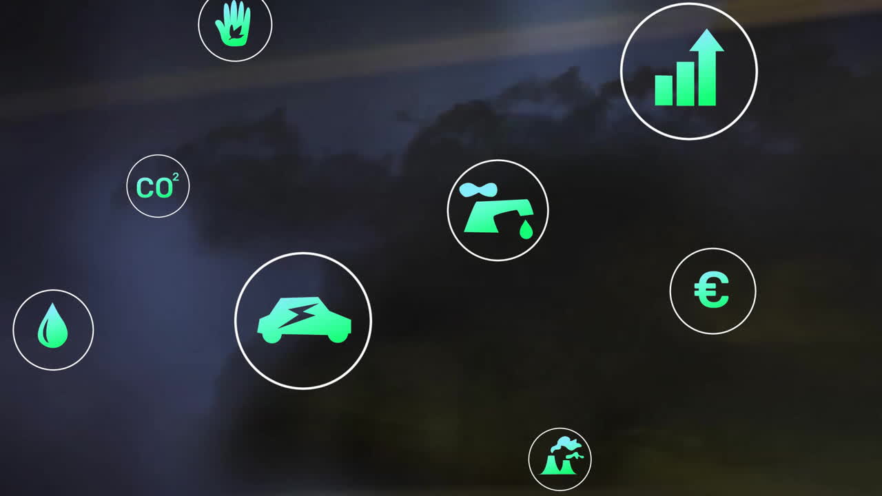 Animation of eco icons data processing over city