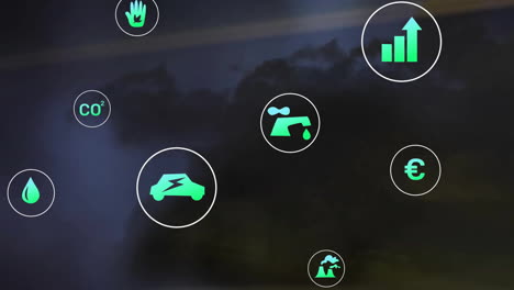 animación de los iconos ecológicos de procesamiento de datos sobre la ciudad