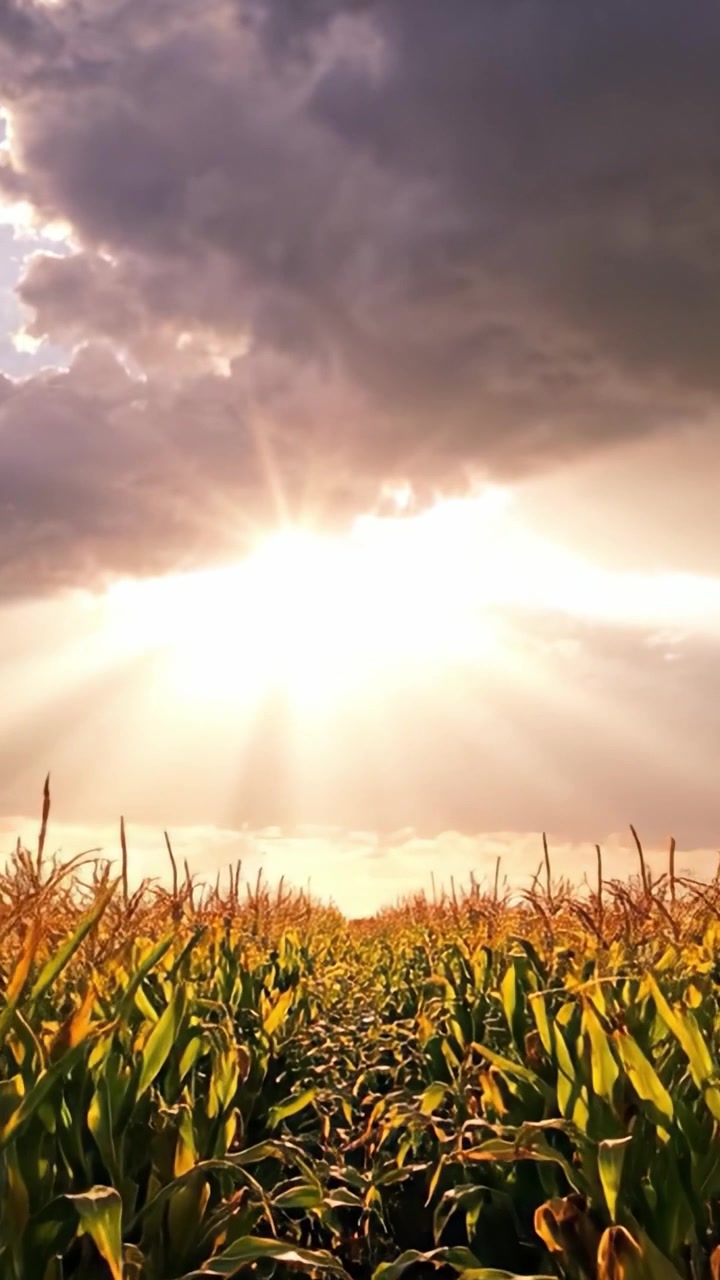 Stunning Contrast of Nature: Sunlight Breaking Through Clouds Over Lush Green Cornfield with Radiant Sunbeams Illuminating the Landscape