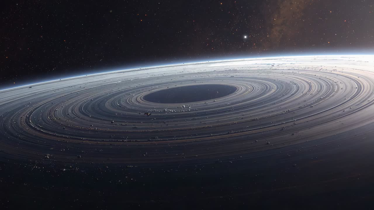 Panning probe-cam following drift, showing rings dark-gap debris above planet, mapping limb