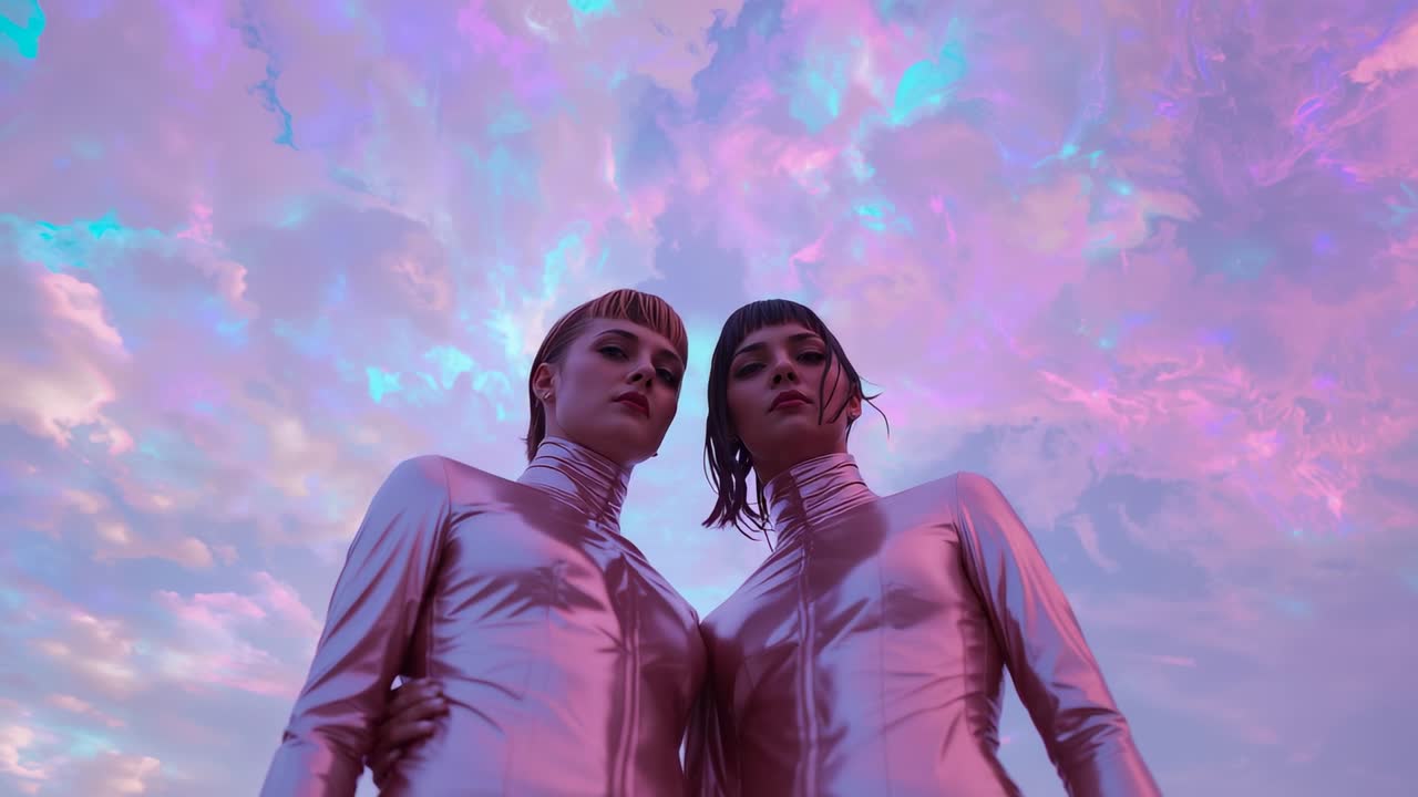 Camera tilting up revealing clouds under pastel sky while two women posing in metallic pink suits