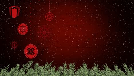 Animation-of-christmas-baubles-decoration-with-snow-falling-on-red