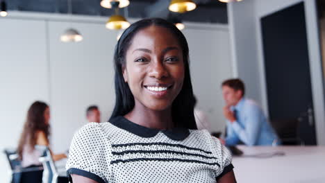 Portrait-Of-Businesswoman-In-Modern-Boardroom-With-Colleagues-Meeting-Around-Table-In-Background-Shot-In-Slow-Motion