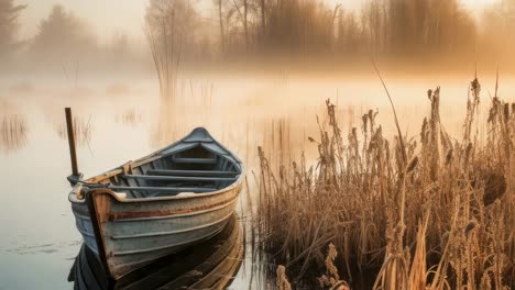 small wooden boat moored peacefully near the shore of a misty lake at sunrise, enveloping the scene in a serene and evocative atmosphere filled with tranquility
