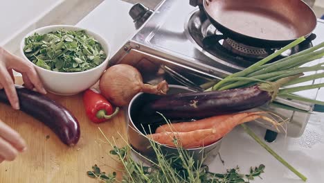 Slicing-an-eggplant-as-part-of-the-ingredient-for-making-ginataan-with-moringa-or-malungay,-a-vegetable-soup-cooked-in-coconut-milk,-traditional-Filipino-dish-showing-the-candid-cuisine-and-culture