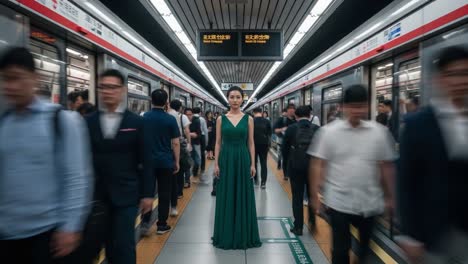 woman in green dress standing on a subway platform with blurred commuters