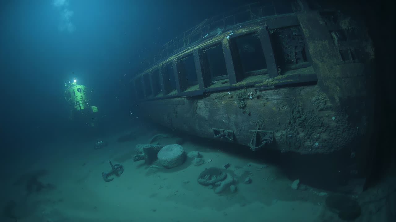 Responding to command, submersible moving closer, inspecting rusted hull on seabed, copy space