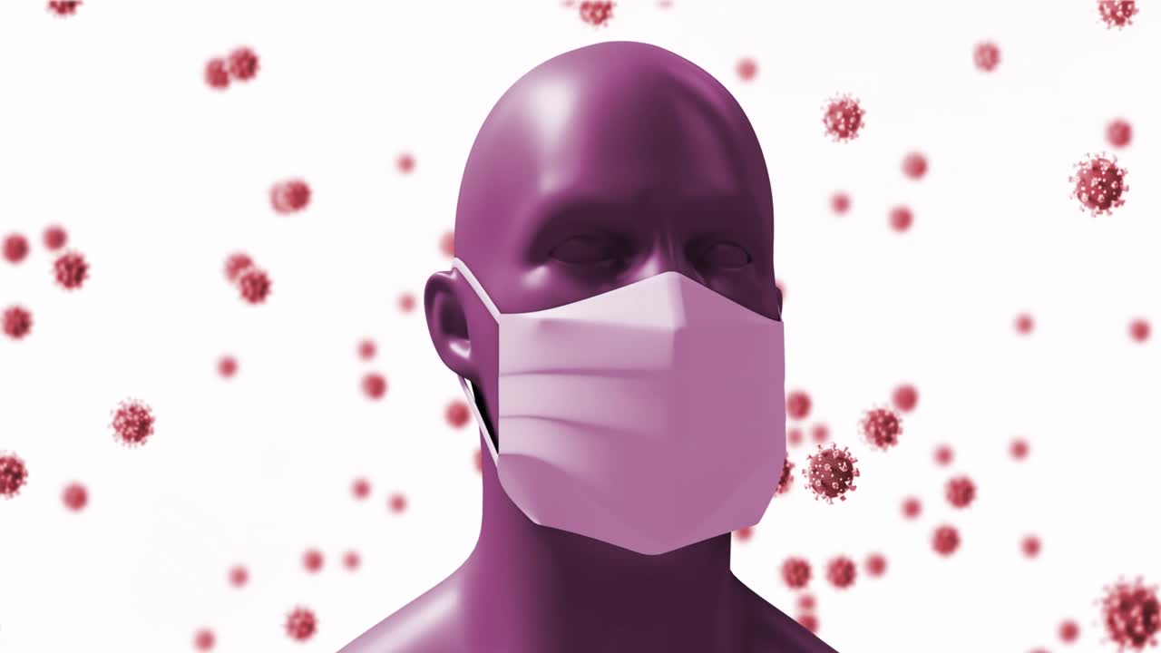 Animation of a digital human head wearing a face mask with giant virus models floating