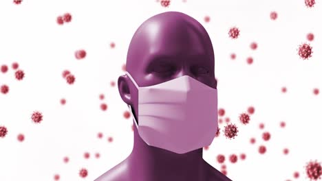 animation of a digital human head wearing a face mask with giant virus models floating