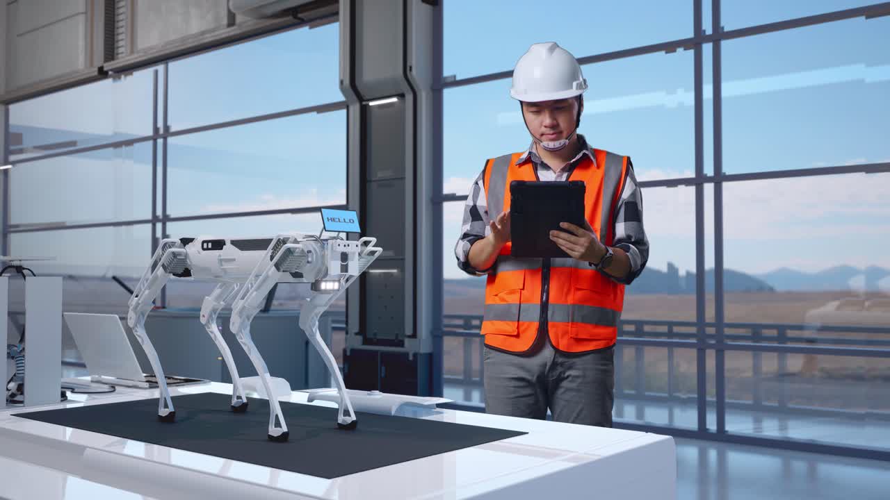 ingeniero inspeccionando un perro robótico en una fábrica