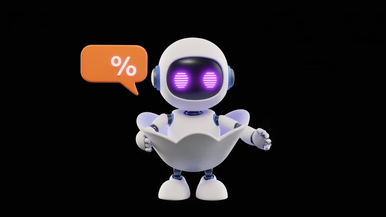 Sød 3D-robotfigur præsenterer et procentsymbol
