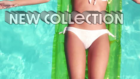 relaxing on green float in pool, person with animation text overlay