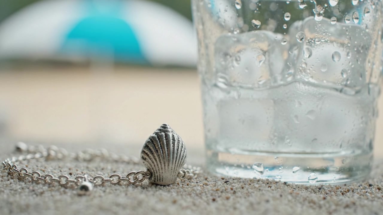 A refreshing glass of water with ice cubes sits beside a seashell bracelet resting on sandy beach, evoking a serene seaside atmosphere and summer vibes.