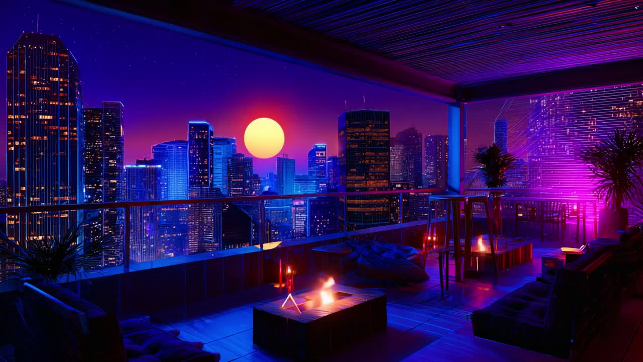 Captivating Modern Rooftop Lounge with Stunning City Skyline at Sunset, Illuminated by Vibrant Neon Colors and Soft Candlelight, Perfect for Relaxation and Gathering