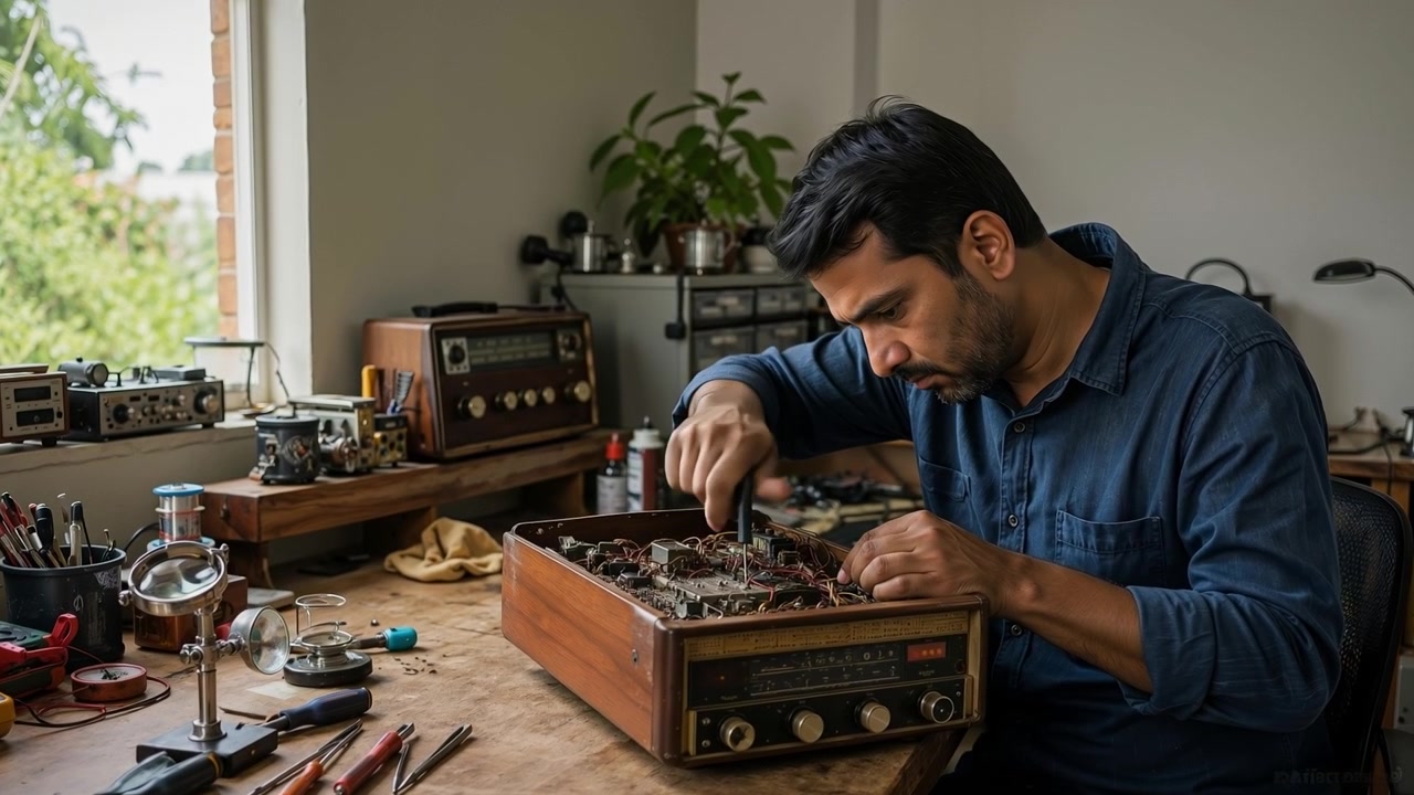 Focused male technician repairing the electronic components of a vintage wooden radio inside a workshop