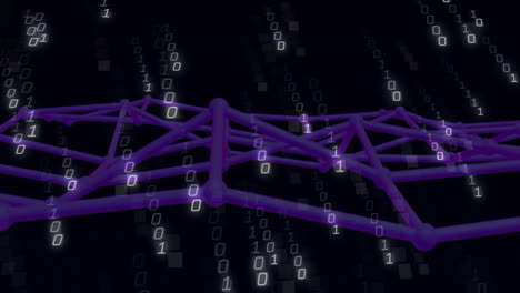 animating binary code and network connections on dark background