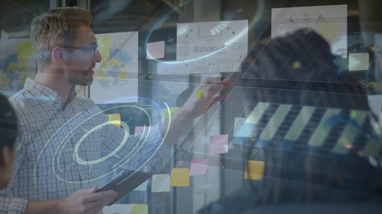 Vertical video: Male leader glancing at tab pointing glass moving notes activating AR for business