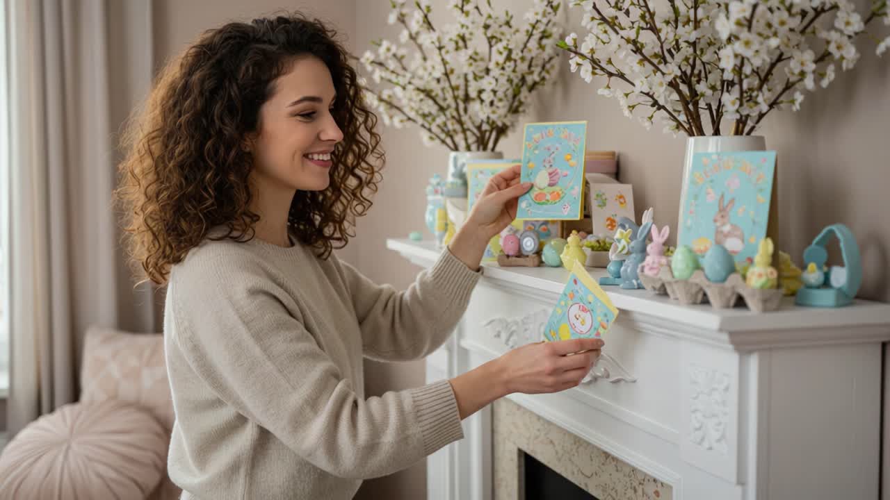 A woman decorates her home with festive spring-themed cards and colorful ornaments, showcasing her cheerful spirit as she prepares for the joyful Easter celebration