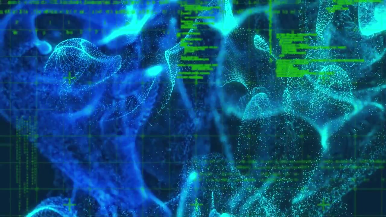 Animation of abstract pattern over grid pattern against computer language on black background
