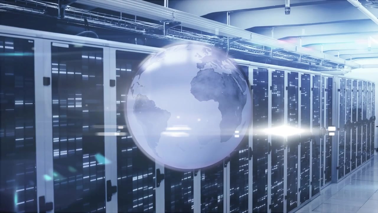 Digital Globe Rotating in Front of Server Room Racks
