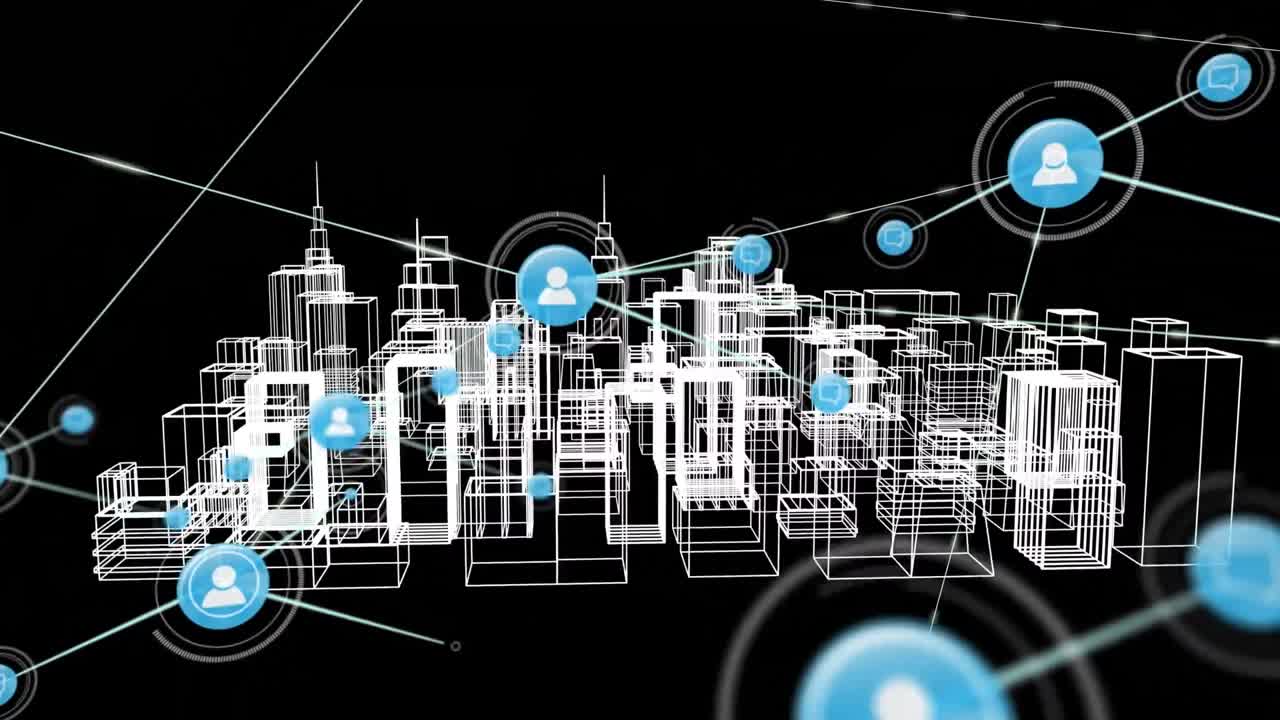 animación de la red de conexiones con iconos sobre el dibujo de la ciudad en 3d