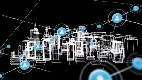 animation of network of connections with icons over 3d city drawing